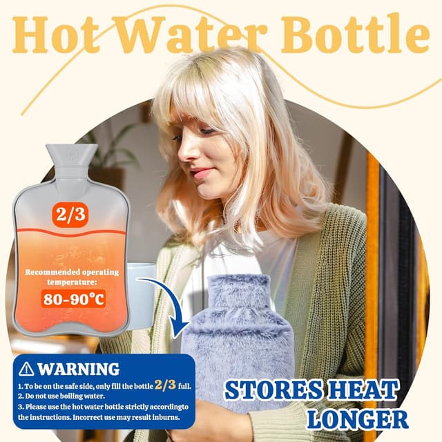 Detalle de HAOCEE Wärmflasche mit Bezug (2L) – Auslaufsicher, mit Känguru-Tasche & Flausch-Bezug (Dunkelblau)