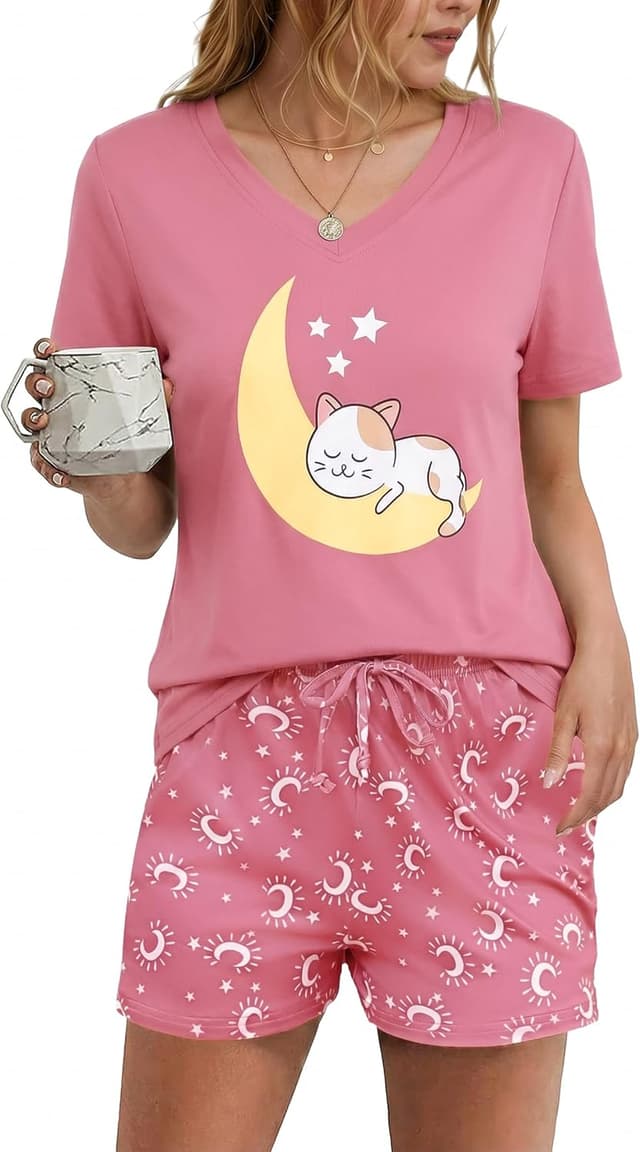 Detalle de Pyjama femme été en coton Litherday à manches courtes et short imprimé étoiles