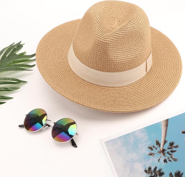 Detalle 2 de DRESHOW Damen Panama Hut mit breiter Krempe aus Stroh – rollbar & UV-Protection UPF 50+