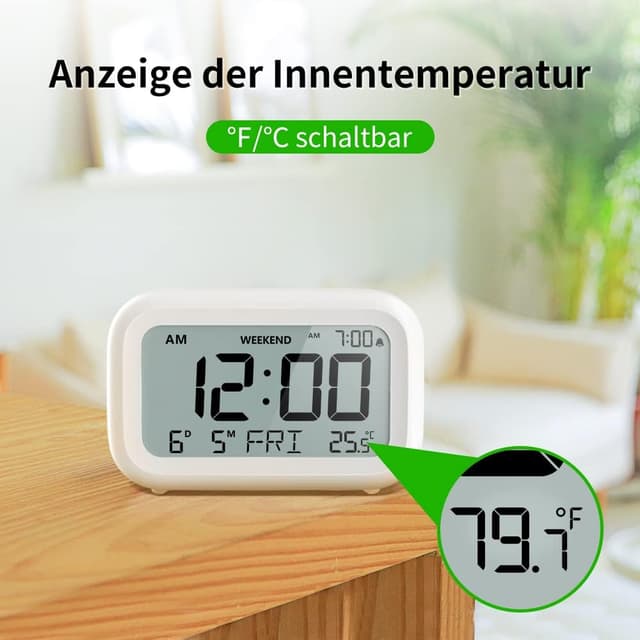Thumbnail 6 de DOOMAY Digital Wecker für Nachttisch – batteriebetriebene LCD-Uhr mit einstellbarer Alarmlautstärke, Snooze & Wochenendmodus