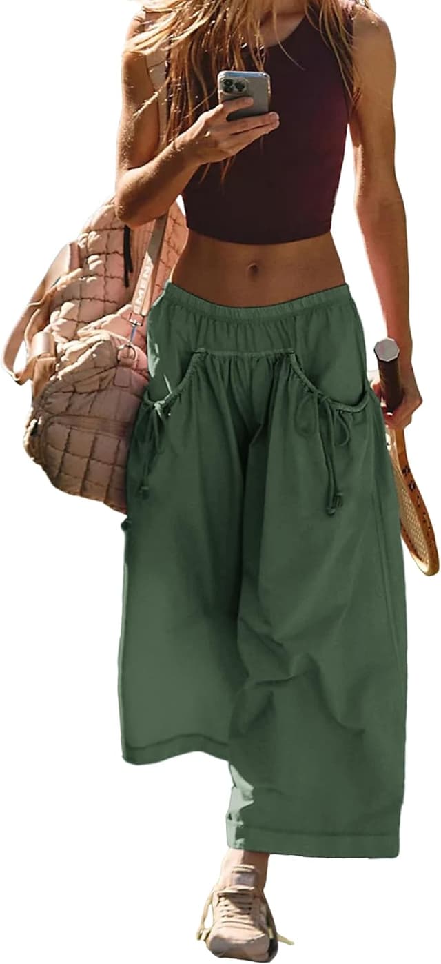 Detalle de Hooever Women’s Loose Wide-Leg Track Pants with Drawstring, Elastic Waist & Capri Hiking Fit