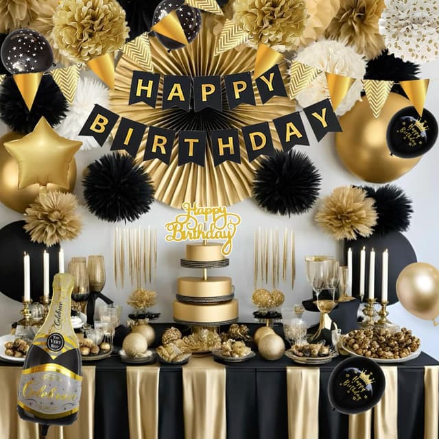 Thumbnail 6 de Schwarz-Gold Geburtstagsdeko Party Set mit Happy Birthday Banner, Ballons, Pompons und Lametta