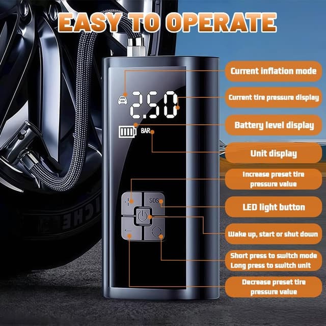 Detalle de flintronic Compressore Aria Portatile Auto Senza Fili 12 V USB-C fino a 150 psi