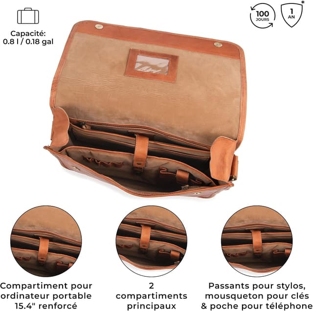 Detalle 2 de Berliner Bags Ghent sac messenger en cuir véritable avec bandoulière réglable et compartiment ordinateur 15 pouces – Marron