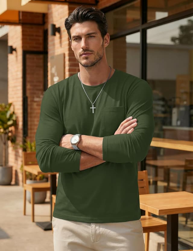 Detalle de MAGCOMSEN men’s long sleeve T-shirts with pocket, crew neck cotton casual tees