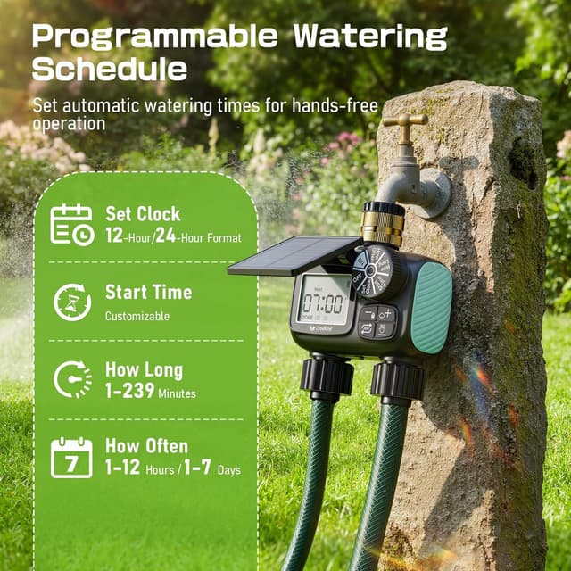 Detalle de Timer per irrigazione solare CyberOrd a 2 zone con ricarica Type-C e modalità auto/manuale