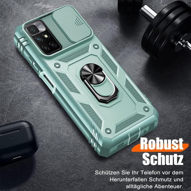 Detalle 2 de Giyer Handyhülle für Xiaomi Redmi 10 mit Schutzfolie – stoßfestes Case mit Kameraschutz, 360° Metallring und Ständer (Minzgrün)