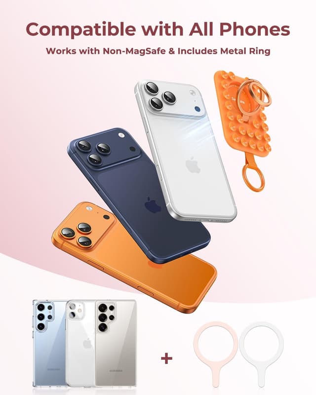 Detalle de Syncwire Magnetic Suction Phone Mount for MagSafe (Orange) with Silicone Octo Cup Grip Ring Holder