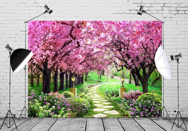 Thumbnail 2 de CORFOTO 7x5ft Spring Garden Backdrop with Cherry Blossom Tree Design for Photo Booths & Events