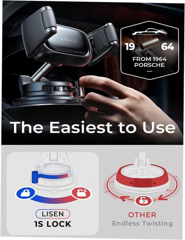 Detalle 2 de LISEN Suction Phone Mount (Auto-Adjusting, One-Touch Vacuum Holder) for Car Dash