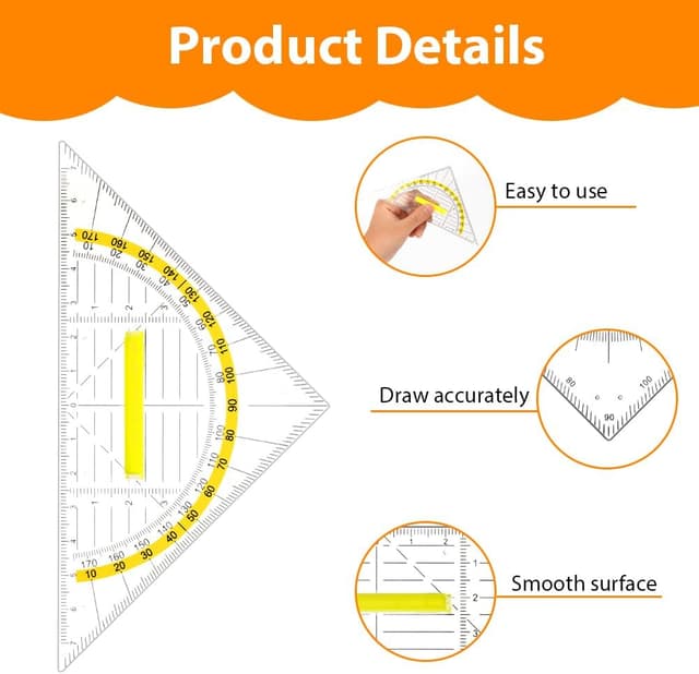 Detalle 2 de Vicloon set square set (4 pcs) with 45° triangle rulers and transparent protractor – red and yellow
