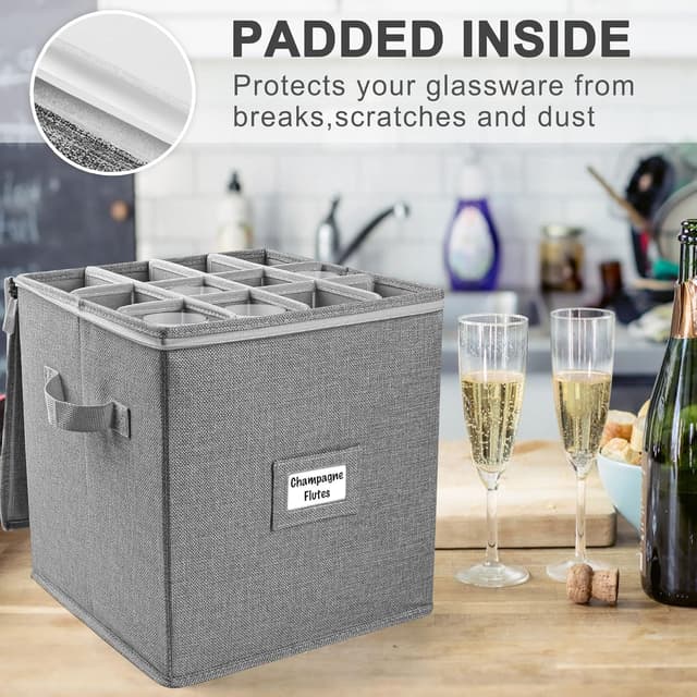 Detalle 2 de LotFancy Champagne Flute Storage Container (Hard Shell, Stackable) with Dividers & Handles, Grey