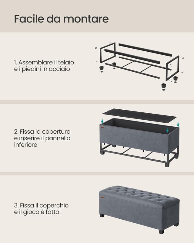 Detalle 2 de SONGMICS Cassapanca pouf contenitore 40 x 110 x 39 cm con gambe in legno (LSF089G01) grigio ardesia