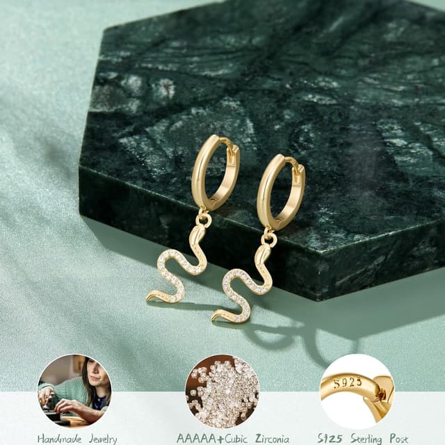 Detalle de Ensemble de 3 paires de boucles d’oreilles MACACHII en argent 925 plaqué or 14K et zircon (huggies, serpent CZ, clous) hypoallergéniques