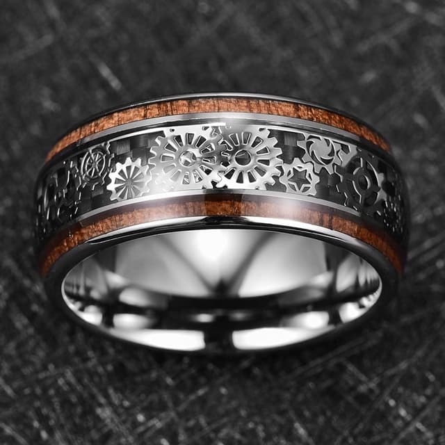 Detalle de TUNGSTORY Wolfram Ring Herren 10 mm Schwarz/Silber Steampunk Zahnräder – mit Holzoptik