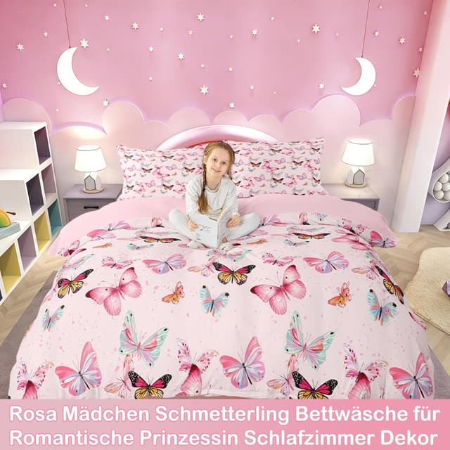 Detalle de Homewish Mädchen Bettwäsche-Set 135 x 200 cm (2-teilig) „Süße Schmetterlinge“ – rosa