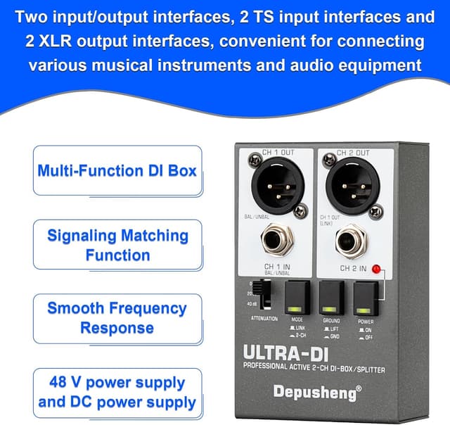 Detalle de Depusheng Ultra-DI Di2 Professional Active 2-Kanal DI-Box/Splitter mit Input-Attenuator für Gitarre & Bass (48V)