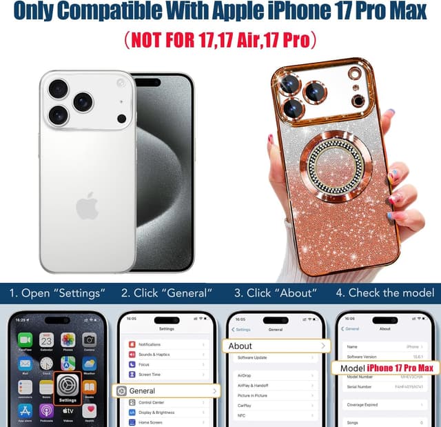 Detalle de Misscase Magnetic Glitter Case for iPhone 17 Pro Max (6.9"), Orange – MagSafe-ready slim shockproof cover