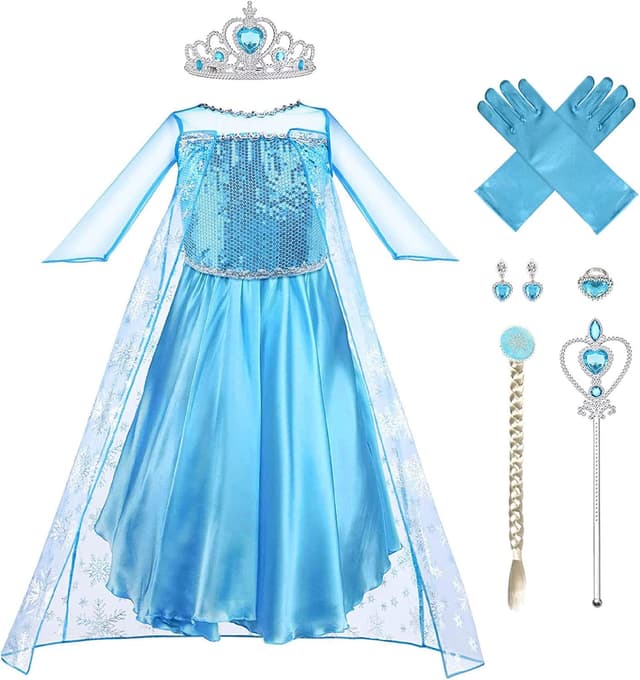 Detalle de Costume da principessa Elsa Vicloon (set da 5 pezzi) con corona e bacchetta per feste e cosplay