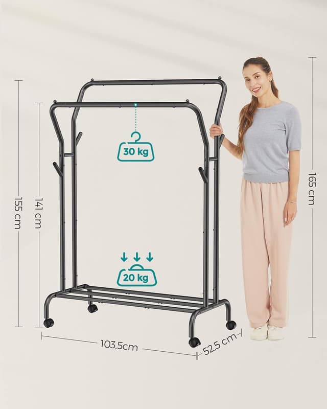 Detalle de SONGMICS Stand Appendiabiti Doppio HSR107B01 con ruote, doppia barra e struttura in acciaio (fino a 100 kg)