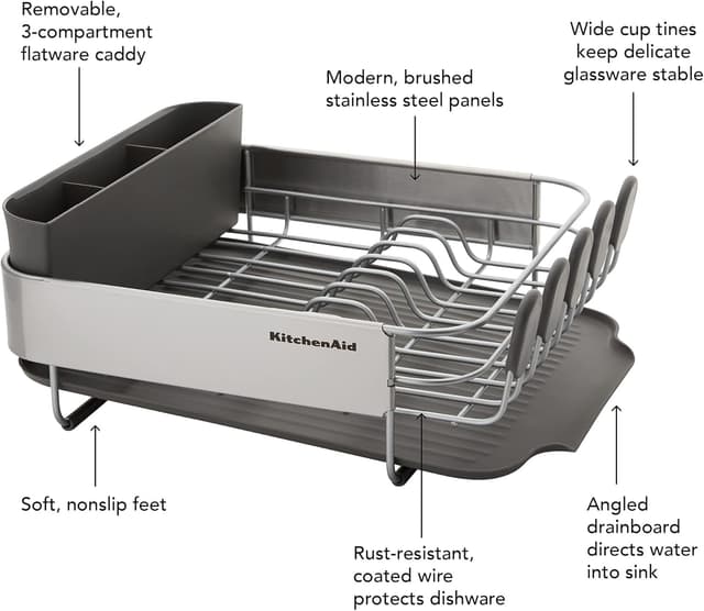 Detalle de KitchenAid Compact Space Saving Rust Resistant Dish Rack (Angled Self-Draining Drainboard) with Removable Flatware Caddy, Gray
