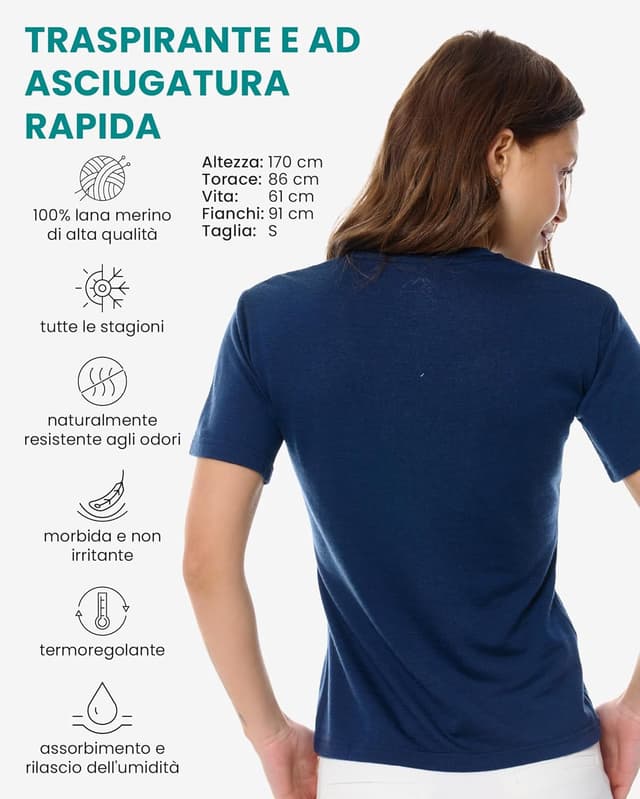 Detalle de Merino.tech Maglietta Merino da Donna 100% lana con manica corta + calzini in omaggio