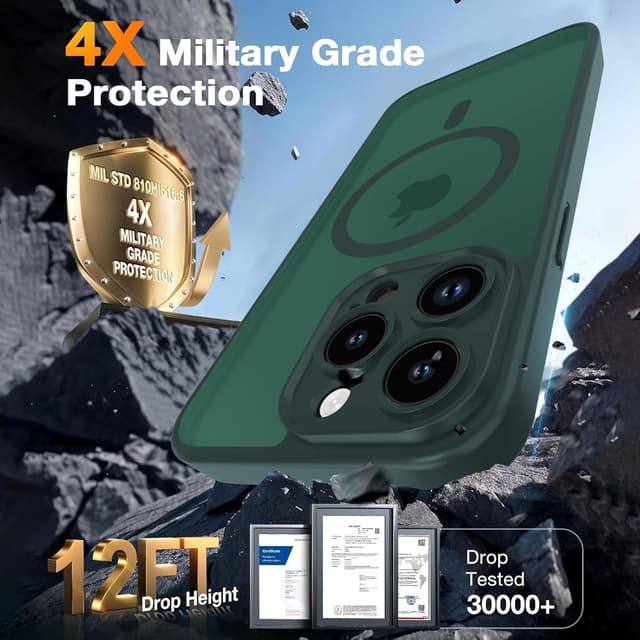 Detalle de BPOASE Magnetic Case for iPhone 15 Pro Max (with tempered glass screen protector) — Ultra Slim Matte Shockproof Dark Green