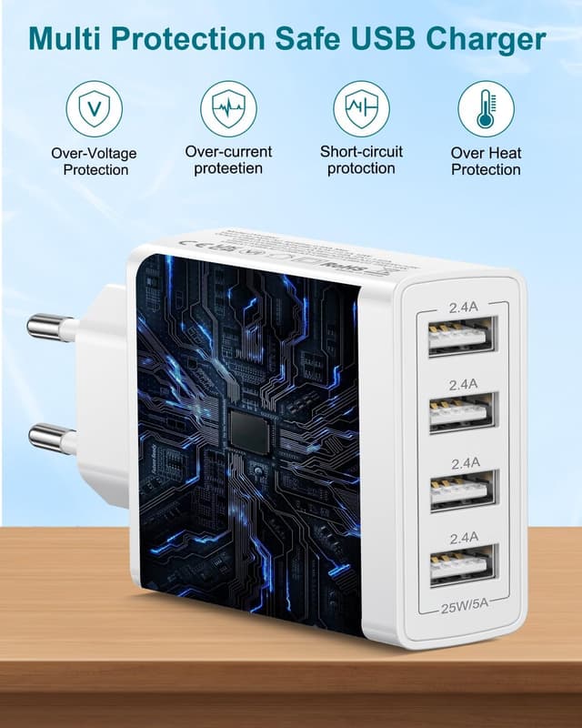 Detalle de Caricatore USB multiplo 4 porte 25W/5A con IC intelligente e protezioni