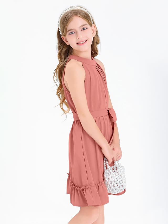Detalle de Newffr Girl's Halter Neck Tie Waist A-Line Sundress (Mini Swing Pleated Dress) for Ages 4–12