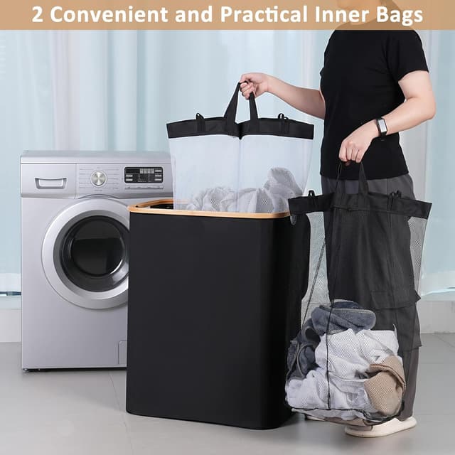 Detalle de iEGrow großer Wäschekorb mit Deckel (150 l) und 2 Fächern, faltbar mit herausnehmbaren Innentaschen – Schwarz