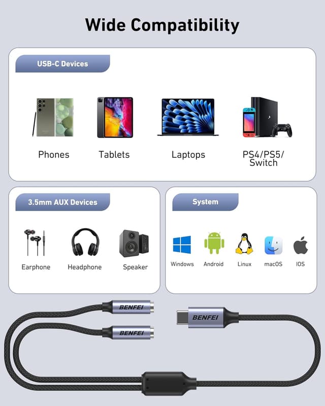 Detalle 2 de BENFEI Splitter audio USB-C a doppio jack 3,5 mm: ascolto condiviso per due persone