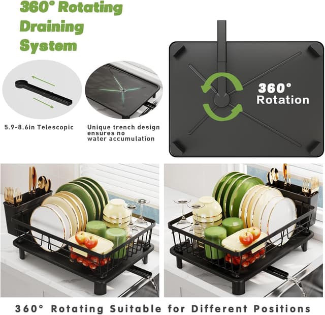 Detalle de GHERISN Dish Drainer Rack with Drip Tray – Stainless Steel sink dish drying rack (black)