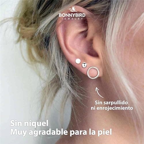Detalle de BONNYBIRD BonnyClassic: set de pendientes pequeños para mujer en plata (acero quirúrgico, hipoalergénicos) con 3 pares