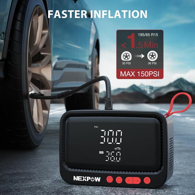 Detalle 2 de NEXPOW Portable Tire Inflator with Rechargeable Battery, 12V DC Power Adapter, 150PSI Auto Shut-Off