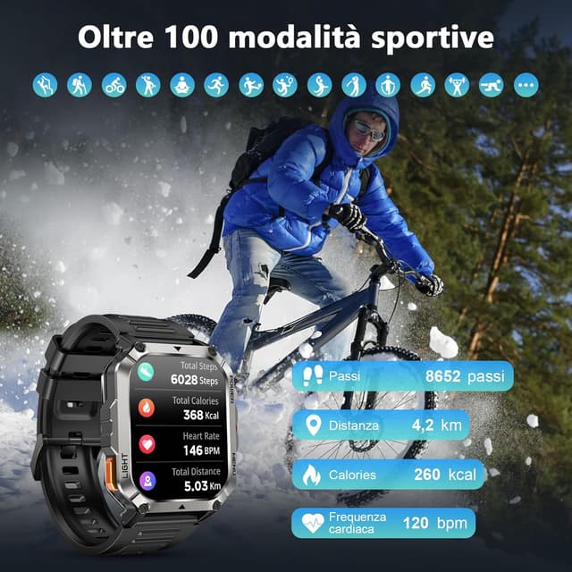 Detalle de Blackview Smartwatch Uomo W70Pro: chiamate Bluetooth, fitness e bussola con display 2.01" militare