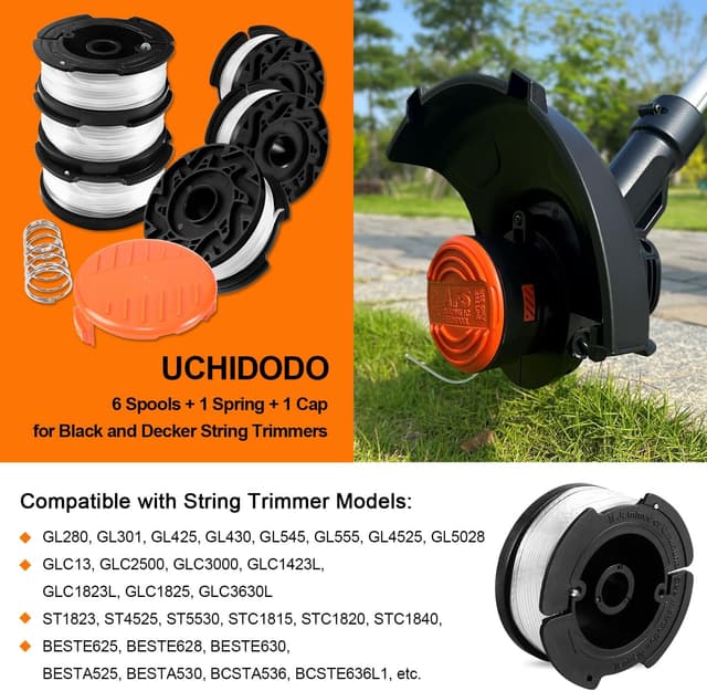 Detalle de Uchidodo Strimmer Spool for Black and Decker – 6 replacement spools, 30 ft line (0.065 in) with cover and spring