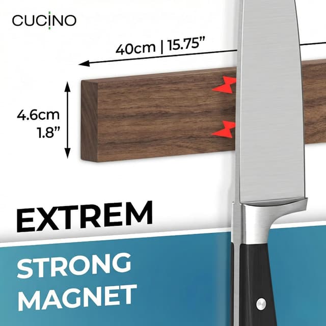 Detalle 2 de CUCINO Self-Adhesive Magnetic Knife Strip (Walnut, 40 cm) with Extra-Strong Magnet