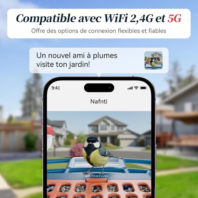 Detalle 2 de Mangeoire intelligente pour oiseaux avec caméra 2K et IA, 2,4 GHz/5 GHz, énergie solaire, anti-écureuils