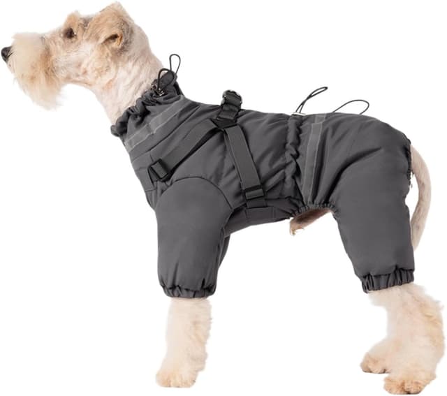 Detalle de BT Bear Dog Winter Coat Jacket Outdoor (Grey) – Adjustable 4 Legs Waterproof Dog Jumpsuit with Harness & Reflective Strips