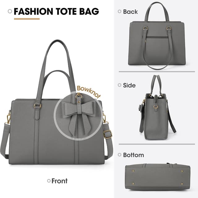 Detalle 2 de NEWHEY Handtasche/Shopper Damen für Laptop bis 15,6 Zoll (PU-Leder, grau) – Umhängetasche für Arbeit & Schule