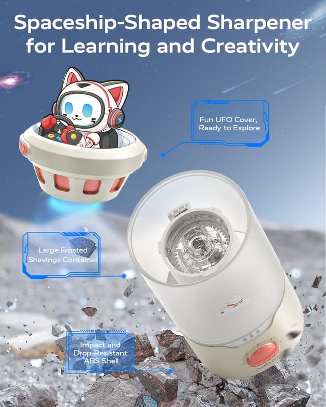 Detalle de JUPITEARTH Electric Pencil Sharpener for Kids (Hands-Free, Rechargeable, Spaceship design) – Fits 6.9–11mm pencils