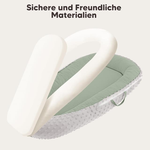 Detalle 2 de Bearmoss Babynestchen Kuschelnest für Neugeborene (90x55 cm, grün) – weiches & atmungsaktives Nest für unterwegs