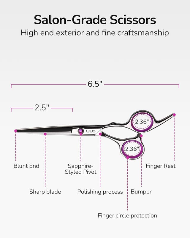 Detalle de Ciseaux de coiffure ULG 16,5 cm pour droitiers – acier inox japonais, lames affûtées à la main, rose