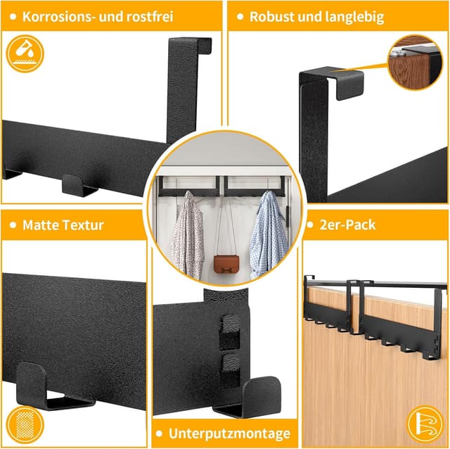 Detalle de Gypie Türhaken zum Einhängen (2 Stück) aus mattem Schwarz, mit 6 Haken pro Set