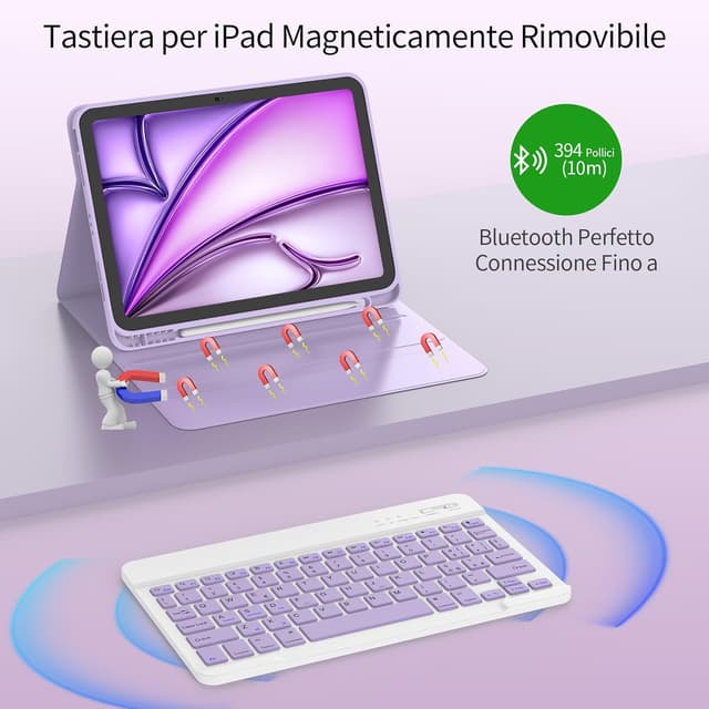 Detalle de TQQ Cover con Tastiera per iPad Air 11 pollici (M3 2025 e M2 2024) / iPad Air 5ª-4ª Gen / iPad Pro 11 pollici: tastiera Bluetooth staccabile QWERTY italiano