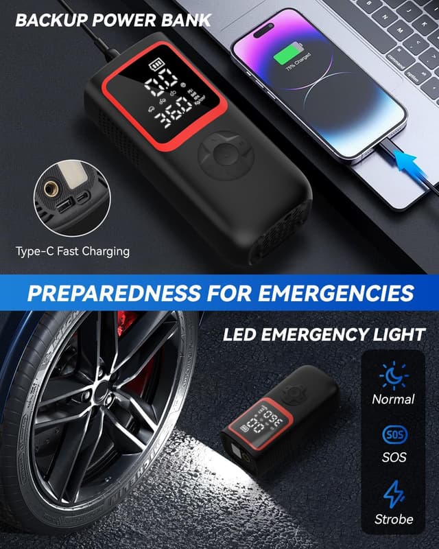 Detalle 2 de Portable Tire Inflator Air Compressor (150PSI) with Dual Display, LED Light & USB Output