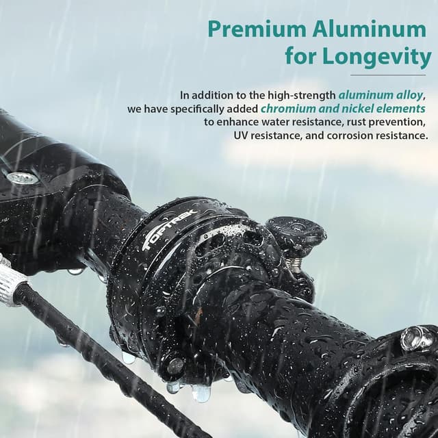 Detalle de toptrek Bike Bell (2025) with hidden AirTag compartment, up to 110dB waterproof aluminium bike bell for kids and adults