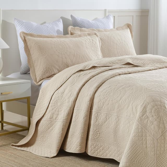 Detalle de MarCielo 3-Piece 100% Cotton Oversized Bedspread Quilt Coverlet Set (Khaki Beige, Oversized King)