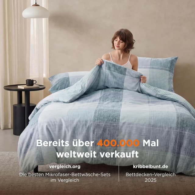 Detalle de BEDSURE Wendebettwäsche 135x200 (2-teilig) mit Kissenbezug 80x80 – Blaues Buffalo-Karo mit Reißverschluss