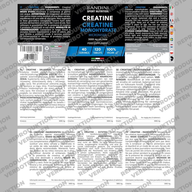Detalle de Bandini® Mikronisiertes Kreatin-Monohydrat – 120 Tabletten mit 3.000 mg pro Portion (vegan)